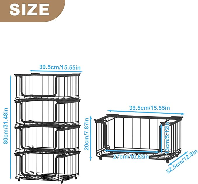 UMDONX 4 Pack Stackable Wire Baskets Storage Bins for Fruits, Vegetables, Potatoes & Onions | Pantry, Countertop, Laundry Organizer | Heavy Duty & Space Saving Black