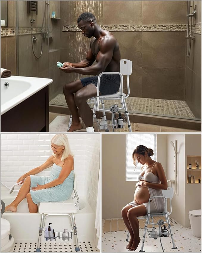 Rustproof Hanging Shower Caddy for Shower Chair, Stainless Steel Bathroom Basket for Bathroom Chair Bench,Showers Caddy Chair with Hooks, Shampoo Bottle Holder for Elderly, Pregnant, Handicap, Patient