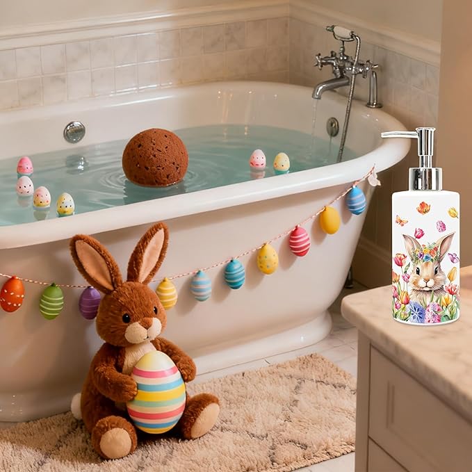JarThenaAMCS Easter Soap Dispenser Glass Dispenser with Pump Floral Bunny Rabbit Flower Refillable Liquid Soap Container for Spring Kitchen Bathroom Countertop Decor