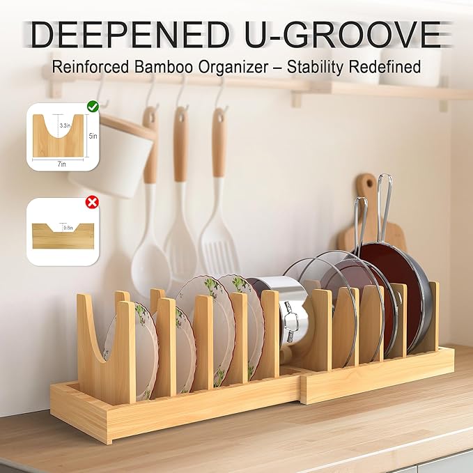 Bamboo Expandable Pot and Pan Organizer Under Cabinet,2-in-1 Kitchen Cabinet Organizer with Adjustable 10 Dividers, Non-Slip Base for Pot Lids Holder, Cutting Board Organizers for Kitchen Storage
