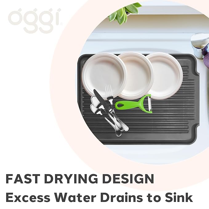 Oggi Dish Drain Board & Drying Rack Tray for Kitchen - Ideal Rigid Drainboard, Plate & Glass Drainer Tray, Dish Drain Boards for Kitchen Counter, 12.75 x 17.25 - Black