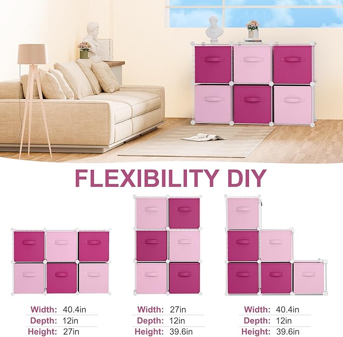 Leinuosen 6 Cube Storage Organizer with Fabric Bins, Wire Grid Stackable Shelves, Drawer Closet Organizer, Modular Storage Units for Bedroom Living Room Office Clothes Toys Crafts(White,Pink)