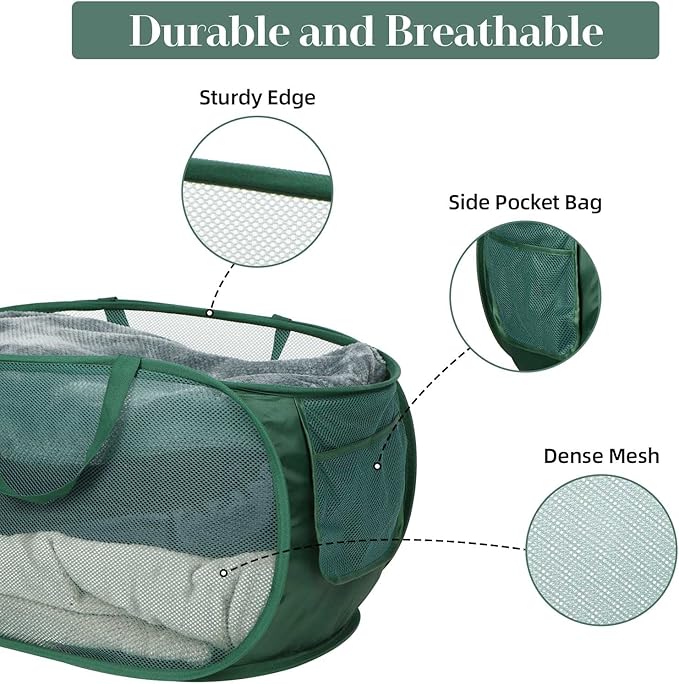 2 Pcs Durable Collapsible Laundry Baskets - Reinforced Mesh Pop Up Laundry Hamper with Pocket, Foldable Dirty Clothes Hamper with Carry Handles for Laundry, Bathroom, Kids Room, Dorm or Travel Green