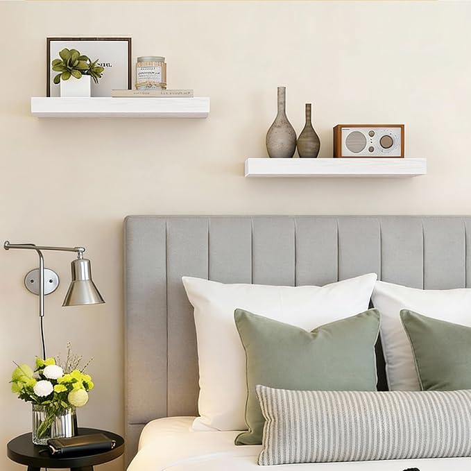 Fixwal Floating Shelves for Wall, 15.7" Wood Wall Mounted Shelves for Living Room, Bedroom, Bathroom and Kitchen, for Storage, Books, Room Decor (White, Set of 2)