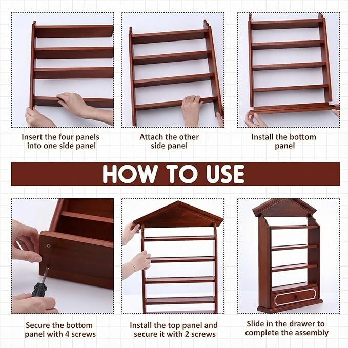 Chunful Vintage Spice Village Wooden Rack 22 x 17 x 4 Inches with 4 Shelves and Drawer for Wall Mounting Kitchen Storage Spice Village Display Shelf for 24 Jars, Shelf Only (Brown, Classic)