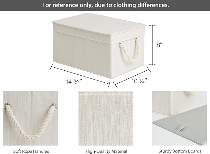 StorageWorks Storage Bins with Lids, Decorative Storage Boxes with Soft Rope Handles, Foldable Stackable Storage Baskets for Closet, Shelves, 3-Pack, Ivory and White, Large