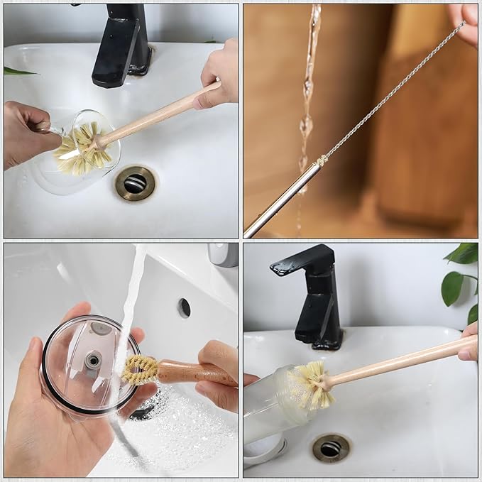 Natural Bottle Brush Set 3-in-1-13.7 Inch Long Handle Wooden Bottle Brush for Cleaning, Water Bottle Cleaner Brush for Cups & Wide Mouth Jars