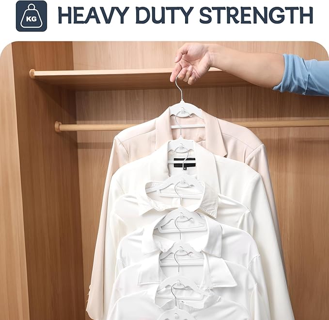 Velvet Hangers 50 Pack, Non Slip Stackable Clothes Hangers with Cascading Hooks, Ultra Thin and Space Saving Felt Hangers with Tie Bar, 360° Swivel Hooks, Heavy Duty for Suit Coat Shirt Pant- White