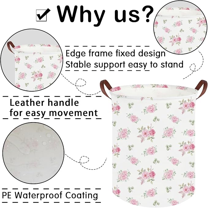 Pink Flower Laundry Basket,Nursery Baskets Girl Baby Storage Bins,Baby Girls Nursery Hamper,Waterproof foldable laundry basket,Gift Baskets,Pink Rose room Decor(Pink Rose)