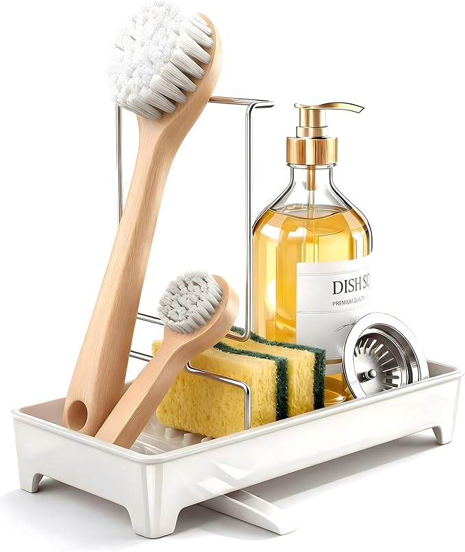 Minimalist Sink Caddy, Rustproof Sponge Holder for Kitchen Sink with 304 Stainless-Steel Brush Holder, Countertop Rack Organizer with Raised Ridges & Silicone Drain Tube (Cream White)