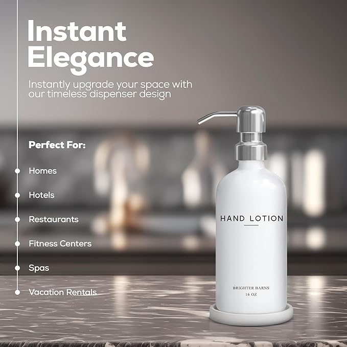 White Glass Lotion Dispenser with Pump Bathroom Set by Brighter Barns - Hand Lotion Dispenser Set with Tray - Modern Bathroom Accessories for Guest House, Hotel, Spa, Restaurant, Airbnb, Gift (White)