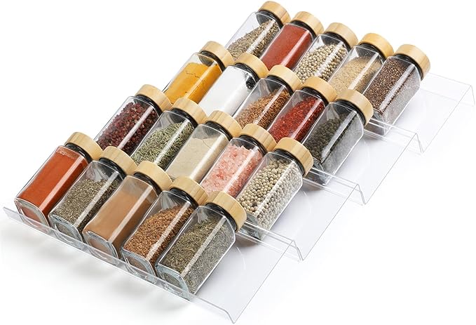 Spice Drawer Organizer 4 Tier, Acrylic Seasoning Organizer Rack, Clear Spice Rack Tray, Kitchen Seasoning Jars Drawers Insert (Jars Not Included/Expandable From 13" to 26")
