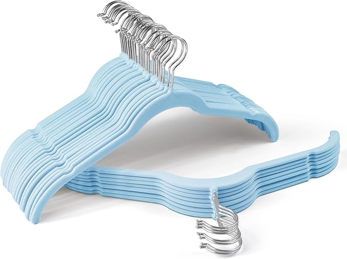 Sishynio 30 Pack Velvet Hangers – Premium Non-Slip Slim Clothes Hangers with 360° Swivel Hook, Space-Saving Flocked Shirt Hangers for Coats, Dresses, Blouses, Suits(Blue)
