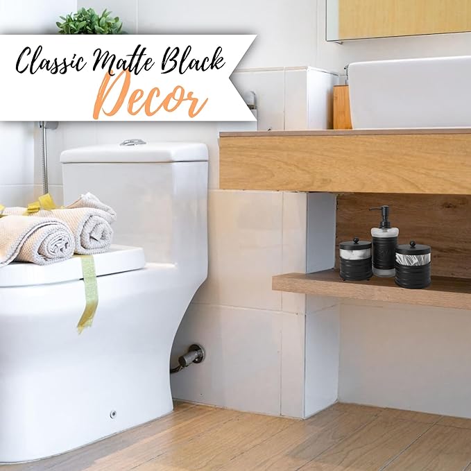 Autumn Alley Adorable 3 Piece Modern Farmhouse Bathroom Accessory Set for Sink/Vanity - Matte Black Soap Dispenser, Cotton Ball Container with Lid, Qtip Organizer – Rustic Farmhouse Bathroom Decor