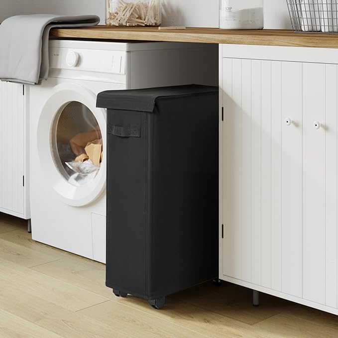 Chrislley Slim Laundry Hamper with Wheels, 45L Narrow Rolling Laundry Basket with Lid, Foldable Dirty Clothes Hamper Portable Skinny Hamper Storage Bins for Dorm, Bedroom (black)