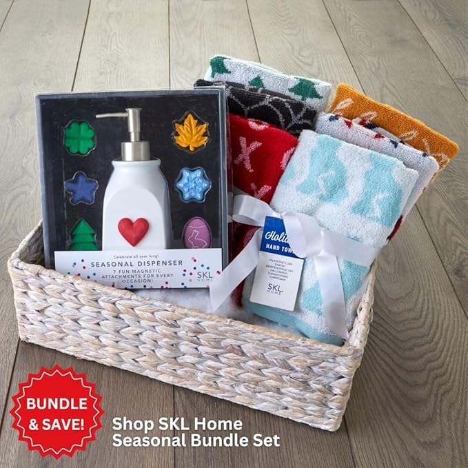 SKL Home Seasonal Soap/Lotion Dispenser Gift Set with 7 Interchangeable Magnetic Holiday Attachments, Refillable for Bathroom & Kitchen, Silver