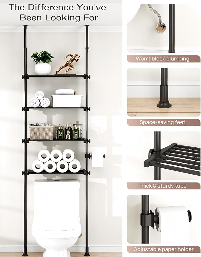 ALLZONE Over The Toilet Storage Cabinet, 4-Tier Adjustable Bathroom Shelves, 22-34 Inch Wide, Tension Mounted Organizer, Space-Saver Narrow Shelf, Fits 66-115 Inch Heights, Black