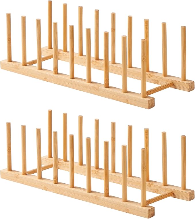 Bamboo Dish Drying Rack-2 PCS Pot Lid Plate Rack Organizer Holder for Cabinet-Cutting Board Organizer for Dish, Pot Lid, Bowl, Cup, Cutting Board
