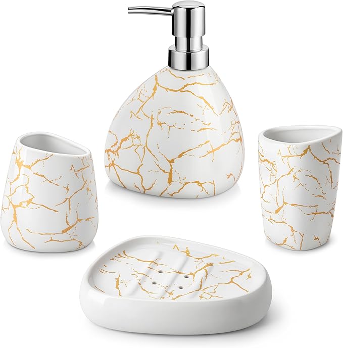 MALACASA Bathroom Accessories Sets 4 Pcs, Cream Soap Dispenser and Farmhouse Toothbrush Holder, Soap Dish with Storage Cup, Durable Ceramic Bathroom Decor for Morden Apartment, White Gold