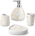 MALACASA Bathroom Accessories Sets 4 Pcs, Cream Soap Dispenser and Farmhouse Toothbrush Holder, Soap Dish with Storage Cup, Durable Ceramic Bathroom Decor for Morden Apartment, White Gold