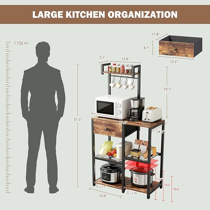 Kitchen Bakers Rack,Microwave Stand with Storage,Adjustable 6 Tier Coffee Bar Staion,Free Standing Bakers Rack with Drawer and Hooks,Kitchen Appliance Storage Shelf for Spices,Pots