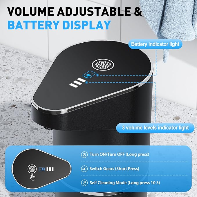 Automatic Soap Dispenser,Touchless Hand Wall Mount Rechargeable 3 Gear Adjustable Electric Soap Dispenser 350ml with Infrared Motion Sensor for Bathroom,Kitchen,Office, Black Foam