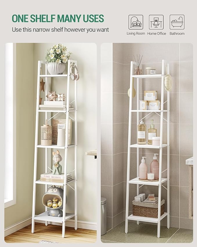 Ladder Shelf, Bookshelf Bookcase, Freestanding Corner Storage Shelve with 2 Hooks for Home Office, Living Room, Kitchen, Bedroom, Industrial, 5-Tier White BC03213W