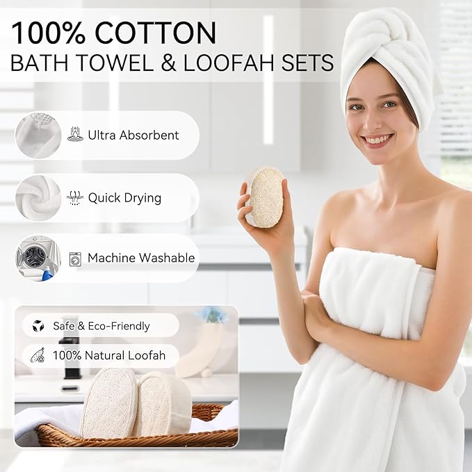 Resin White Bathroom Set, White Bathroom Accessories Set with Shower Curtain, Bath Towel Set, Natural Loofah Sponge, Soap Dispenser, Toothbrush Holder, Bathroom Tumbler and Tray for Bathroom