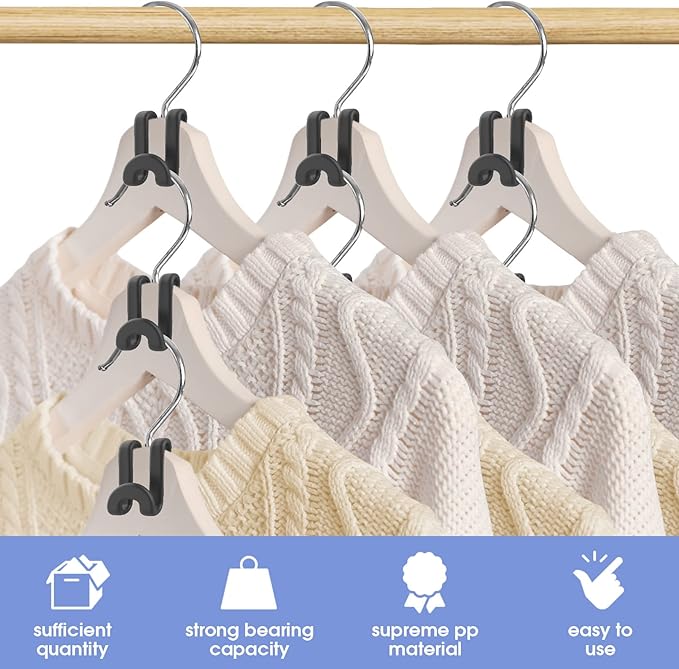 80Pcs Clothes Hanger Connector Hooks, Plastic Space Saving Heavy Duty Hanger Extender Clips for Closet Organizers, Black