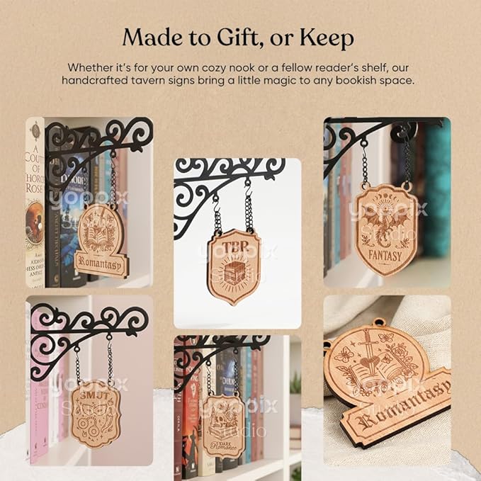YOPPIX Book Nook Tavern Signs - Medieval Shelf Decor with Hanging Brackets, Dark Romance Book Genre Dividers for Home Library, Bookshelf Organization and Reading Corner Decorations