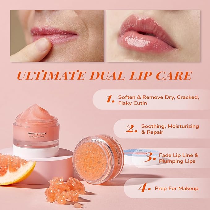 ANAI RUI Hydrating Lip Mask & Lip Scrub Set, Lip Overnight Treatment For A Softer & Smoother Pout, Lip Exfoliator Scrub and Moisturizer Set, Vegan & Cruelty-Free, Graperuit