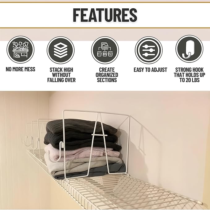 Evelots Wire Shelf Dividers - Extra Closet Organization and Storage for Home or Office -4 Pack- New Removable Hooks - Tall Shelf Separators - Easy to Clip -No Tool- Sturdy Coated Steel - 12 Inch Tall