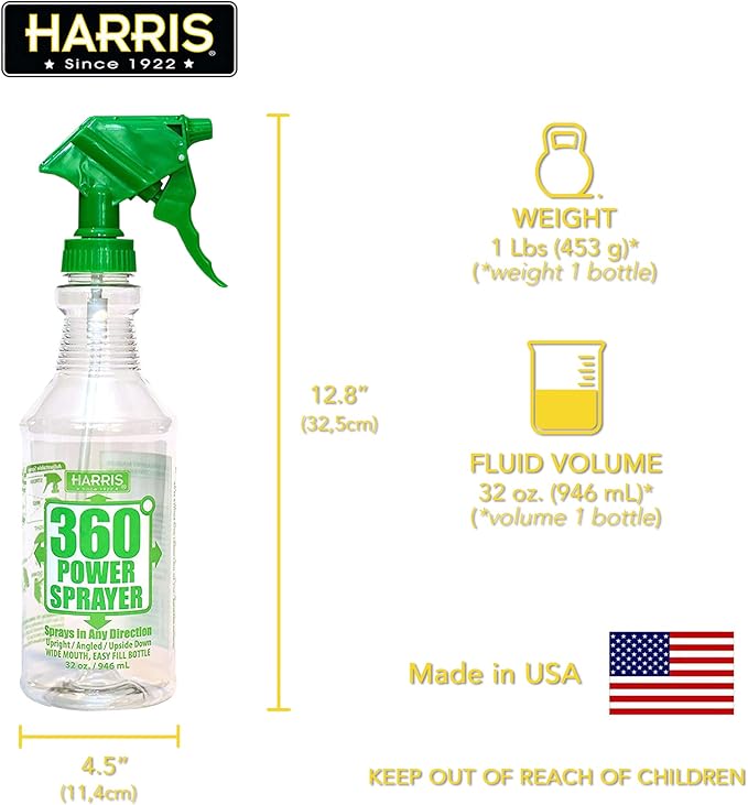 HARRIS Professional Wide Mouth 32oz Empty Spray Bottles for Cleaning Solutions (3-Pack), All-Purpose with Clear Finish, Pressurized Sprayer, Adjustable Nozzle and Measurements