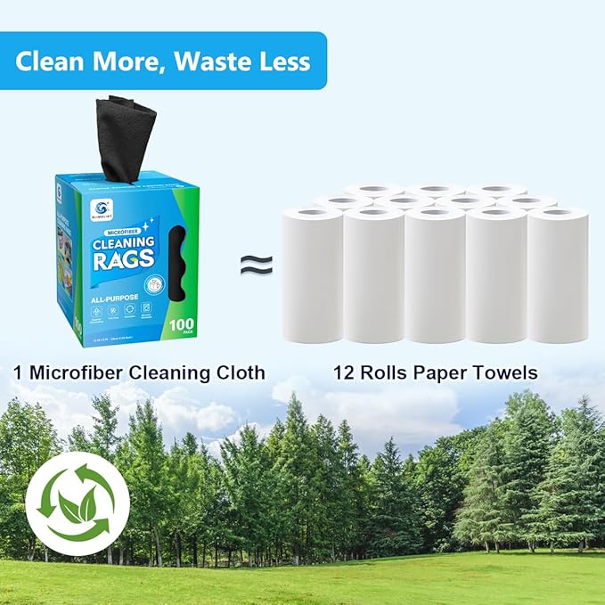 GLIMGLINT Black Microfiber Cleaning Cloth, 100 Pack Cleaning Rags, Lint-Free, Ultra Absorbent Reusable Paper Towels for Home, Kitchen, Car, Garage or Shop, Dish Rags, 11" x 9"