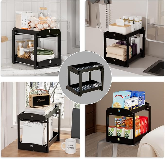 2 Pack Under Sink Organizer, Bamboo Wooden 2-Tier Pull-Out Storage with Sliding Drawers for Kitchen and Bathroom Cabinets, Easy Installation (Black)