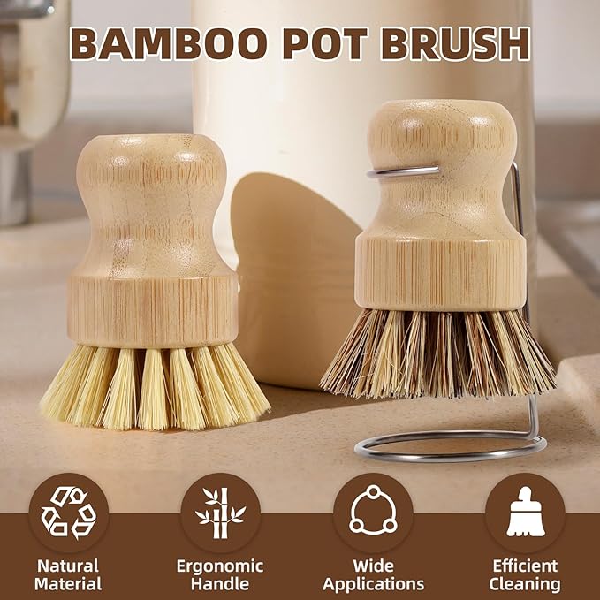 6-Piece Bamboo Dish Brush Set with Fast-Dry Stainless Steel Holder,3xNatural Sisal Bristle Brush & 1xPalm Bristle Kitchen Cleaning Brushes for Dishes, Pots, Pans & Sink