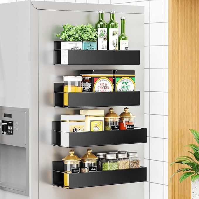 4 Pack Moveable Fridge Magnetic Spice Racks,Metal Black