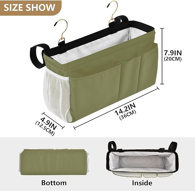 KOPIRIT Olive Color Bedside Caddy Storage Bag Bedside Organizer for Dorm Room Top Bunk Bed Bedside Shelf Hanging Organizer 6 Pockets with Hooks for Glasses Book Tablet Holder