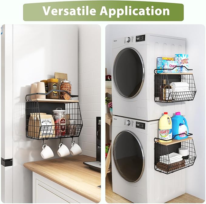Magnetic Shelf for Fridge with Wood Lid, 2 Tier Fruit Baskets Wall Mounted Hanging Basket with 4 Hanger Hooks, Potato and Onion Magnetic Storage Bins for Kitchen Counter, Refrigerator, Cabinet