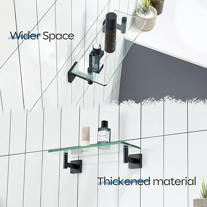 KOKOSIRI Bathroom Shelves Glass Floating Shelf 12-Inch for Bedroom, Living Room, Kitchen, Small Hanging Rack Rustproof Wall Mounted Black B1105BK-L12