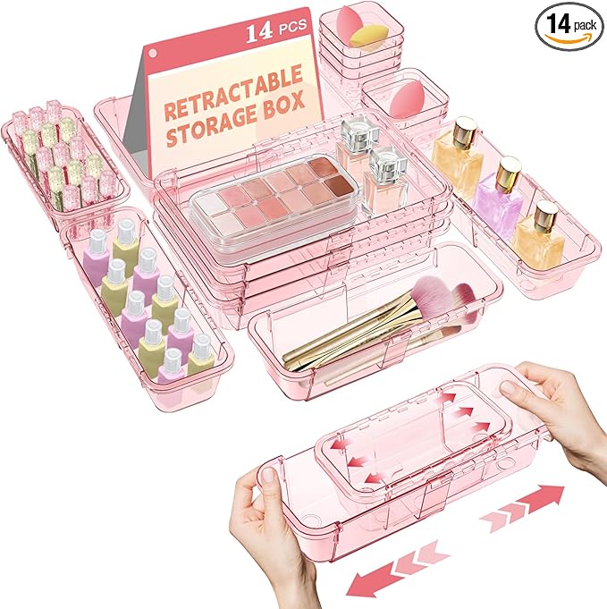 14 Pcs Clear Drawer Organizer, Adjustable Drawer Storage Box, 3-Size Desk Drawer Organizer, Acrylic Storage Bins for Makeup, Kitchen Utensils, Bedroom Dressers Tool Organizer for Gadgets, Pink
