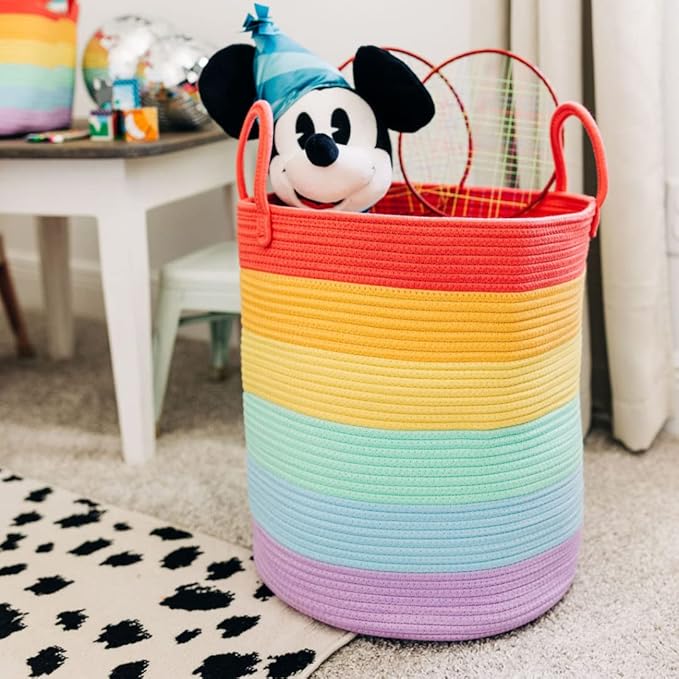 OrganiHaus Large Rainbow Woven Laundry Basket w/Handles 52L, Decorative Toy Storage Bin for Nursery, Colorful Blanket Basket for Playroom, Baby Laundry Hamper, Fun Kids Room Decor Organizer
