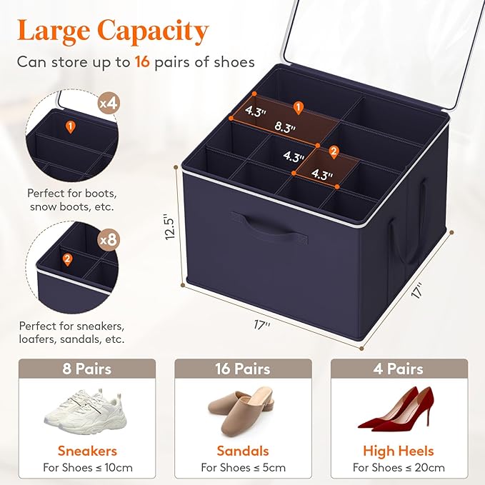 Lifewit Shoe Storage Organizer for Closet, Fabric Large Shoe Box Storage Containers with Clear Cover, Foldable Bins for Boots Heels Sneakers Fits 36-48 Pairs (Each 12-16 Pairs) 3 Pack Blue