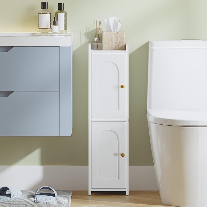 Bathroom Storage Cabinet, Small Corner Floor Cabinet with 2 Doors and Adjustable Shelf, Narrow Toilet Paper Cabinets, Bathroom Organizer for Small Spaces, 7.9" D x 7.9" W x 29.5" H White