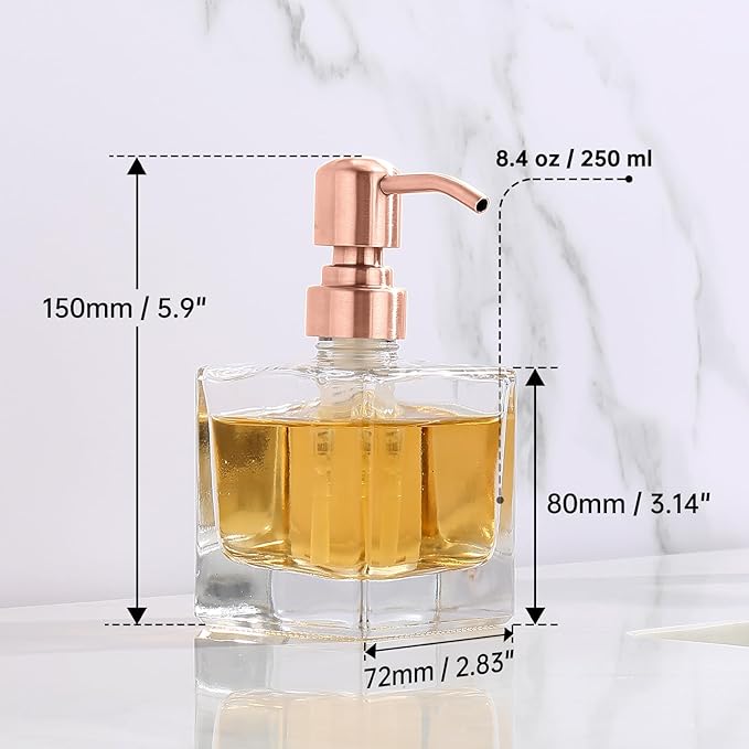 Ximlike Square Bathroom Soap Dispenser Pink Pump, 8.4 oz Glass Bottles with Stainless Steel Pump Rose Gold Retangle Cube Liquid Soap Dispenser Hand Kitchen