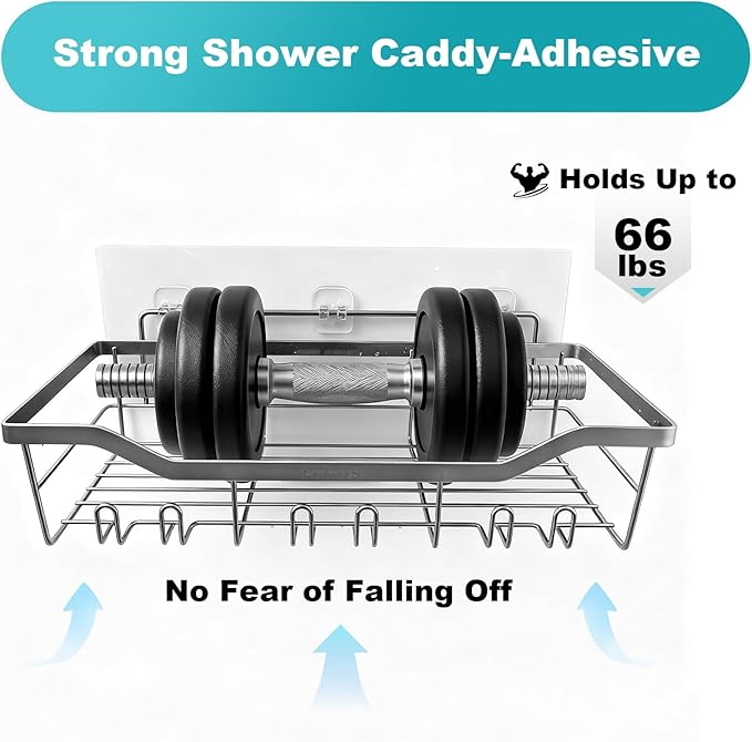 Shower Caddy with Hooks,Shower Shelf - 304 Stainless Steel Shower Rack,Anticorrosive,Rust-proof,Waterproof Bathroom Shelvs Storage and Organization - White Silver Shower Shelves