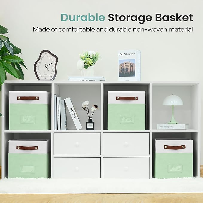 6-Pack Storage Cubes with Handles & Label Holders Basket, Closet Cube Home Organizer Bins(White/Green, 10.5*10.5*11 inch)