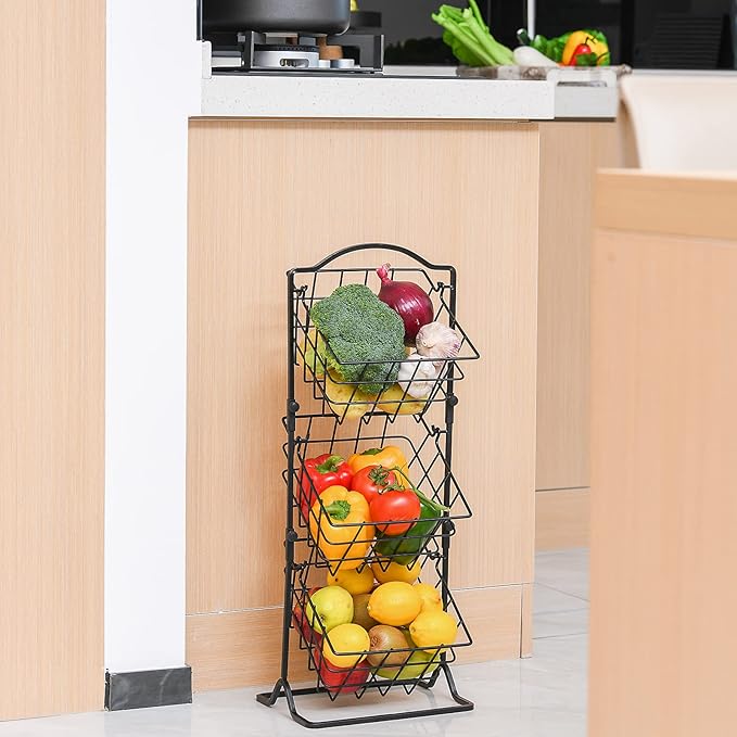 Wetheny 3-Tier Fruit Basket Fruit Bowl for Kitchen Counter or Floor - Fruit Holder Produce Basket for Vegetables and Snacks -Metal Market Storage Stand