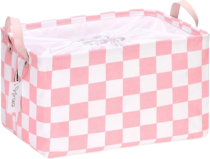 Hinwo Large Canvas Fabric Storage Basket with Handles, 33L/8.6-Gal Rectangle Bin, Collapsible Storage Box, Clothes, Toys, Blankets Organizer, 16.5 x 12 x 10 Inches (L, Pink Checkerboard)