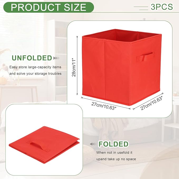 uxcell 3Pcs Fabric Storage Bins, 11 Inch Cube Storage Bin Foldable Storage Cube Organizer Bins with Handles for Shelf Closet, Nursery Home, Bedroom(Red)
